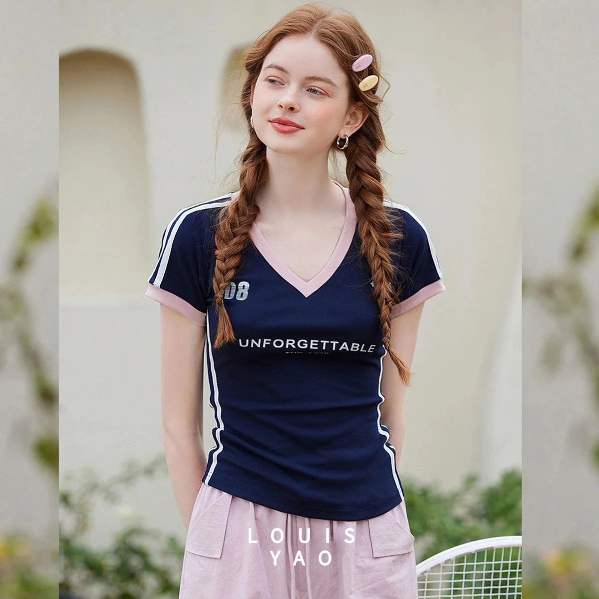 

LOUISYAO Printed Letters Women T-shirts 2025 Summer New V-neck Micro Stretch Slim Women's Short Sleeve Tees Y2k T-shirt Top