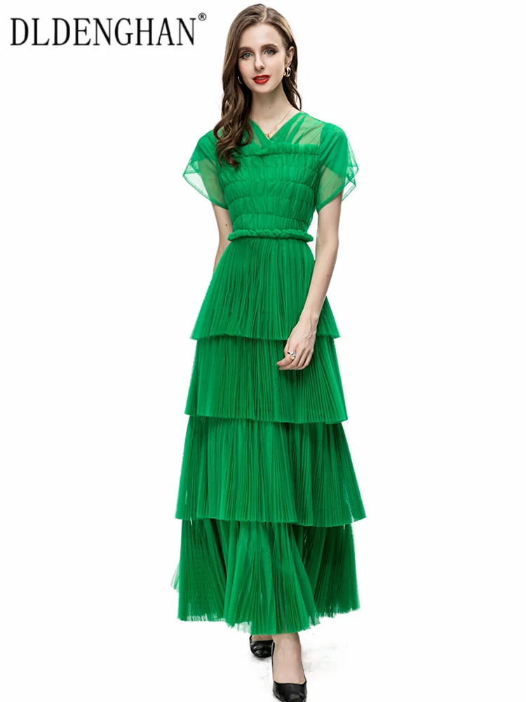 

DLDENGHAN Fashion Early Autumn Pleated Long Dress Women's V-Neck Short Sleeve Cascading Ruffles High Waist Holiday Cake Dresses