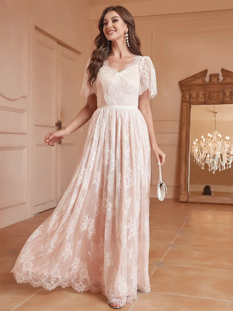 2024 Spring Summer Women\'s Pink Lining White Lace Backless Wedding Bridesmaid Dress Long Vestidos De Fiesta