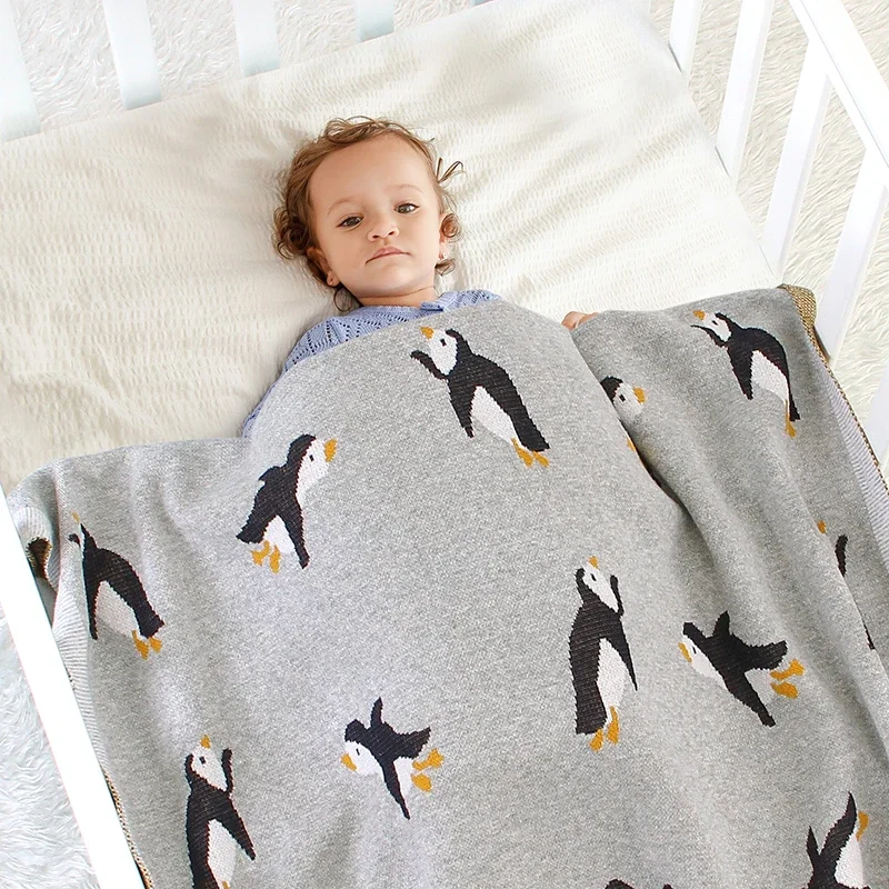 Manta de punto de algodón para bebé, ropa de cama para recién nacido, cuna, edredón de pingüino, 100x80CM, edredón para cochecito de niño y niña súper suave a cuadros