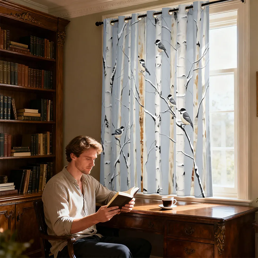 1pc birch forest titmouse print single-loop curtain single-loop curtain living room  bedroom door  home decoration view 6