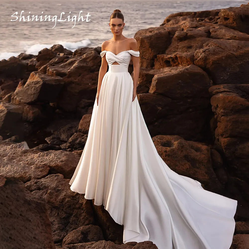 

ShiningLight Off-the-Shoulder Simple Satin Bridal Dresses A-Line Backless hochzeitskleid Pleats Women Wedding Gowns Customized