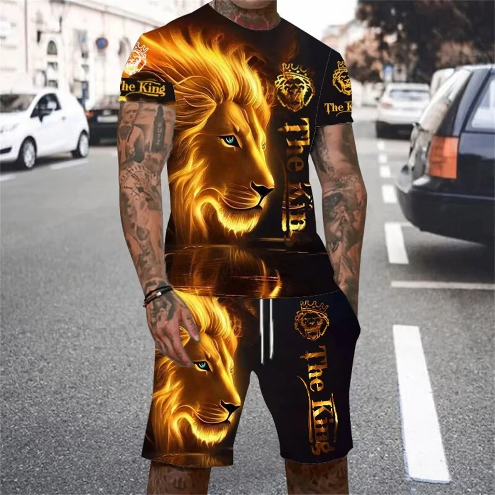 Summer Men's Tracksuit 2 Piece Outfits 3D Golden Lion Print Short Sleeve T-Shirt Shorts Jogging Sets Outdoor Street Men Clothing