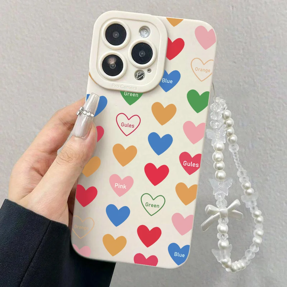 Lanyard Colorful Heart Korean Phone Case For iPhone 17 16 15 14 13 12 11 Pro Max X XS XR 16E 17E 7 8 16 Plus Wrist Strap Cover view 3
