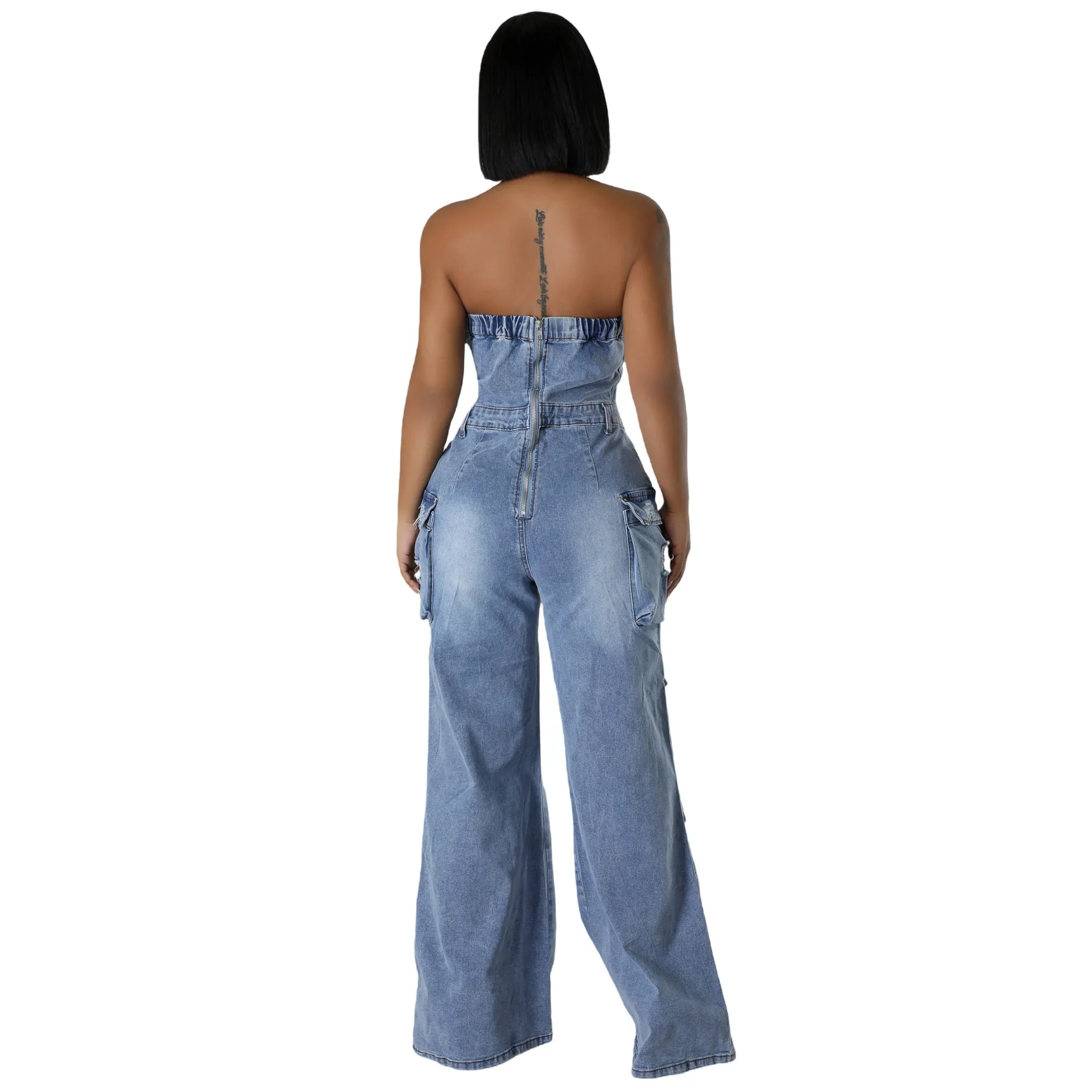 

Casual Faionable Strapl Denim Jumpsuit Workwear Pants plus Size Women's Clothing Hand-Waed Ripped mid Waist Long Trousers