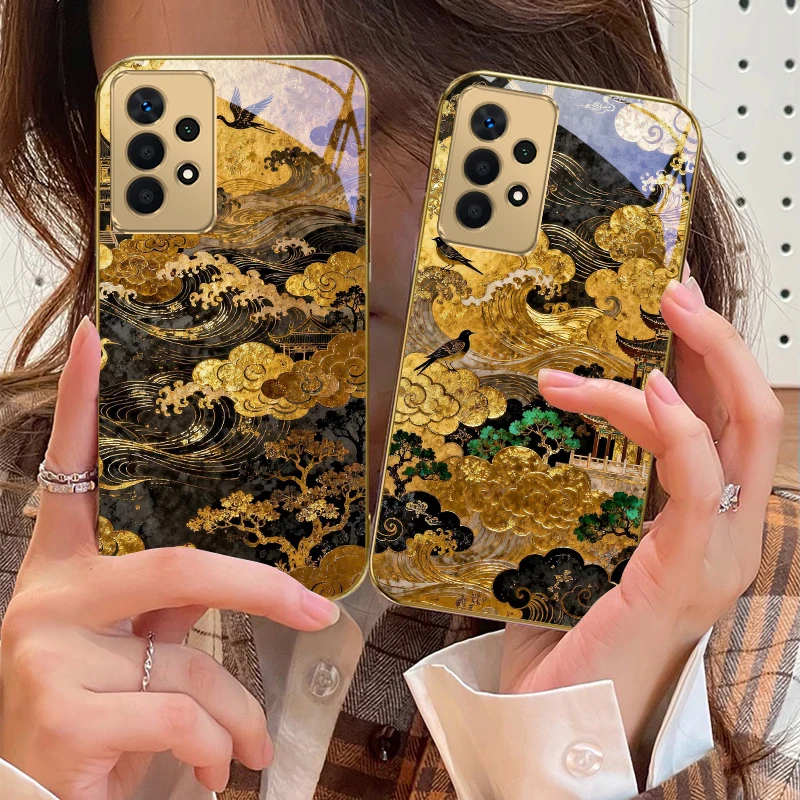 

Golden surging waves For Samsung A 01 52S A04 A05S A10 A12 A13 22 23 24 36 42 M02 Note 10 20Ultra 8 9 Golden glass phone case