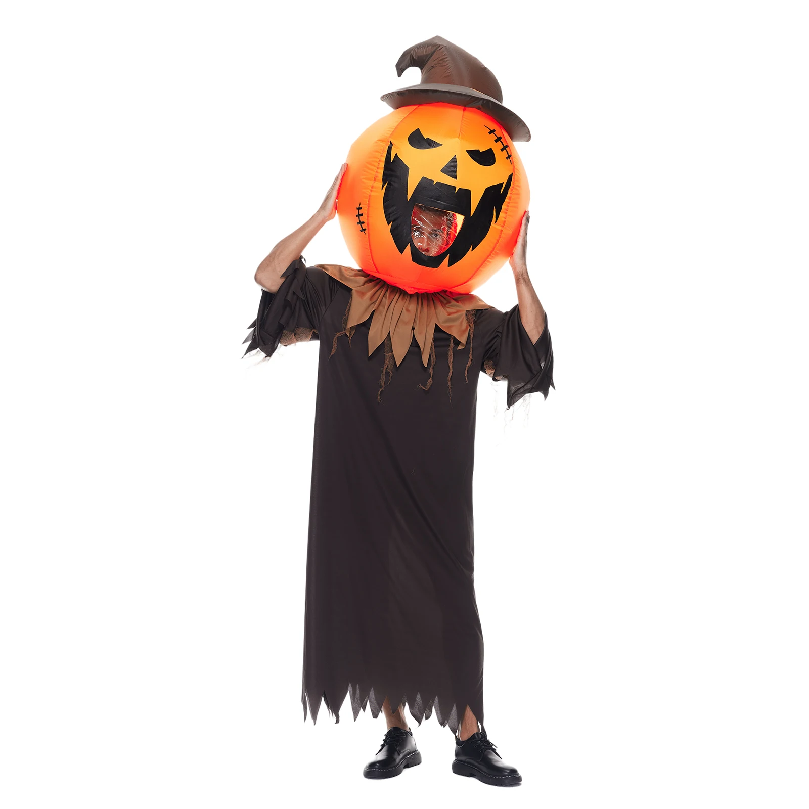 EraSpooky Adult Inflatable Pumpkin Costume Blow Up Halloween Scary Evil Pumpkin Head Wizard Suit Robe Set Carnival Easter Purim