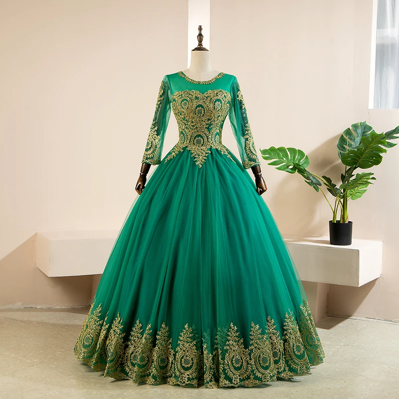 Groene Lange Mouw Quinceanera Jurken Elegante Feestjurk Luxe Kanten Baljurk Klassieke Galajurk Aan Te Passen Vestidos 2023 Nieuw