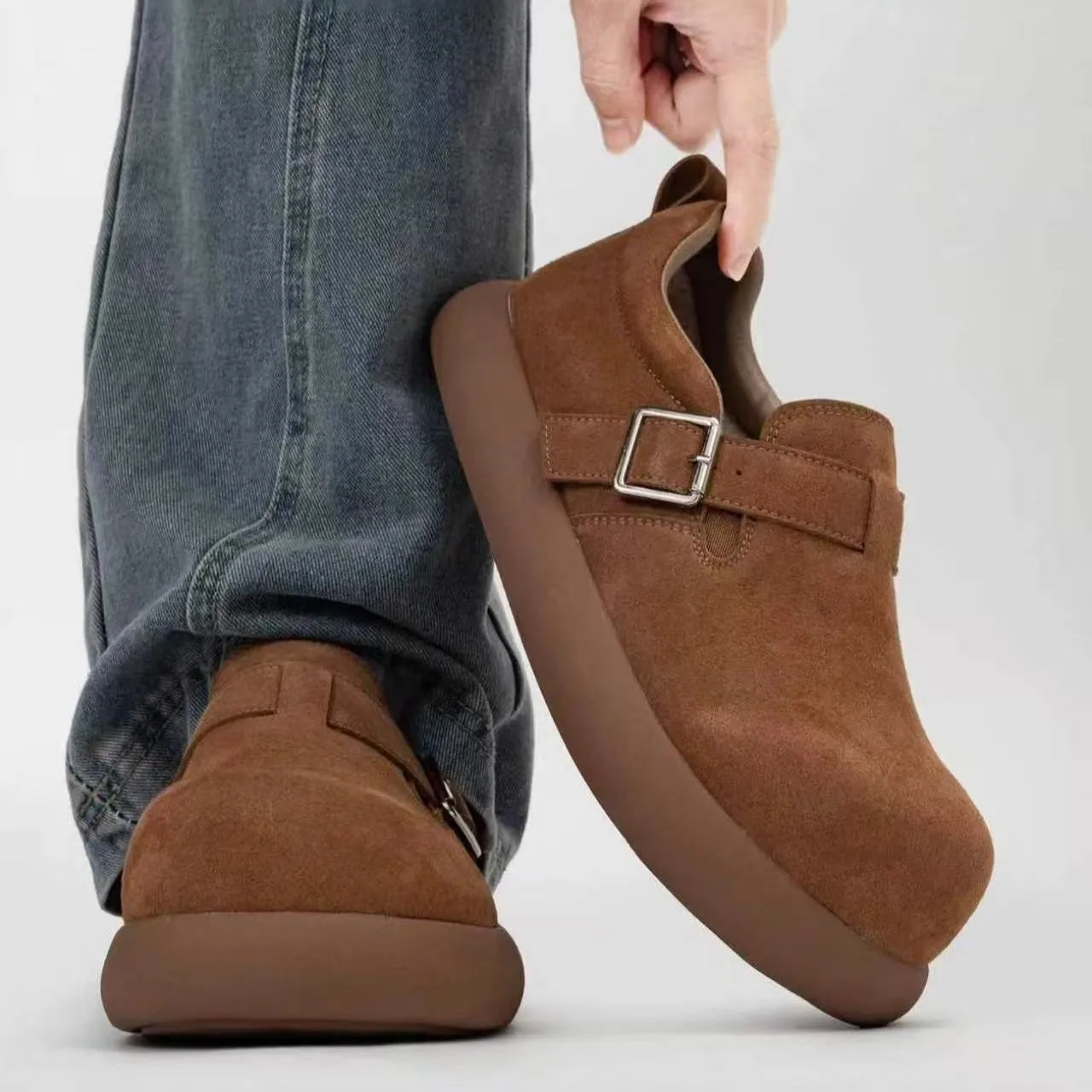 Full Cover Buckle Loafers for Men Women, Vintage Thick Sole Height Increasing Loafers, Couple Commuter Casual Wide Toe Shoes
