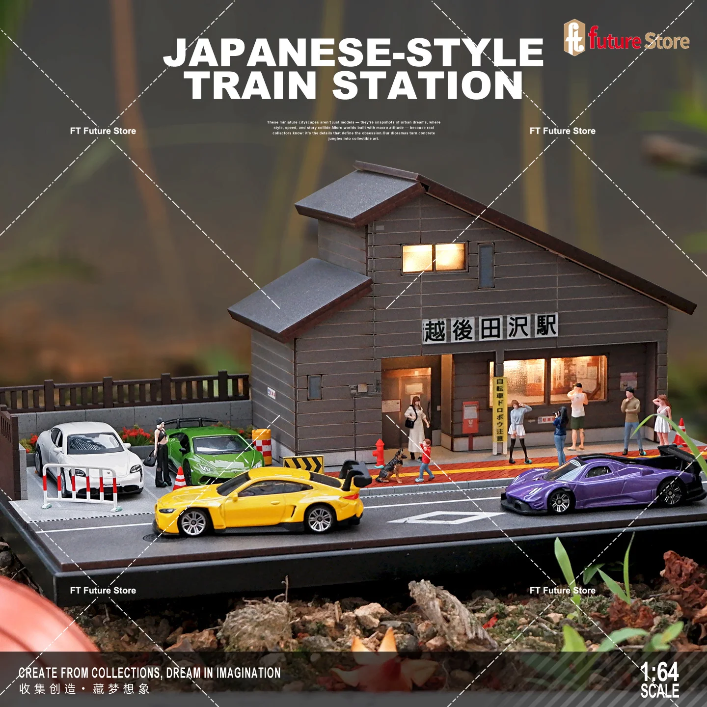 

1/64 Simulation Japanese House Station Parking Lot Scene Model Lighting Car Dustproof Display Box Micro Photography Background