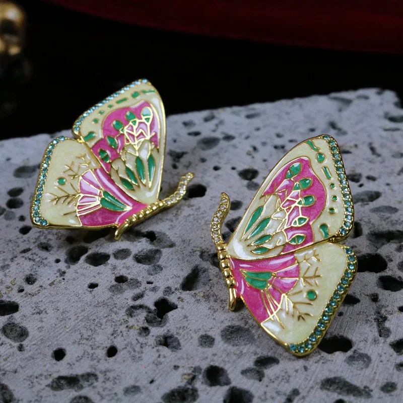 Medieval Court Style Pink Colorful Butterfly Stud Earrings Polished Graffiti Enamel Oil Painting Accessories for Girls Female