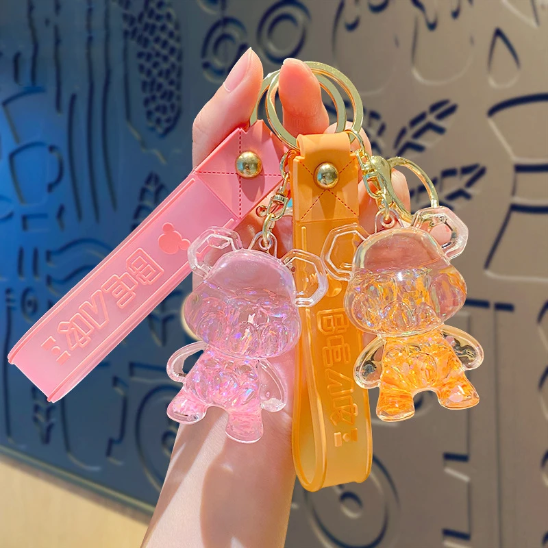 Cute Pink Bear In Oil Quicksand Bottle Keychain Car Accessories Cartoon Floating Bubble Bead Bear Liquid Accessories Keys Chain