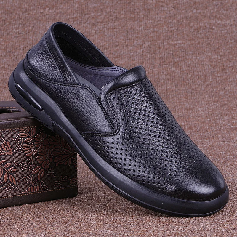 

Men's Casual Hollow out Leather Shoes Breathable Summer Slip-On Comfortable Full Cowhide Fashionable Hollow Design Thick Bottom