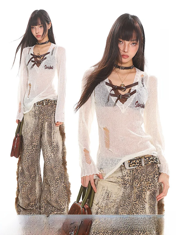 

Женская длинная кофта Uncmhisex в американском стиле Hot Girl, универсальная, ретро, с поясом, синяя, с вырезами и надписями, прозрачная, с V-образным вырезом