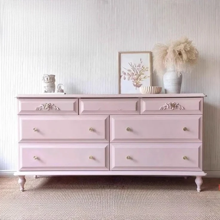 Z.Solid wood carving flower porch TV cabinet modern simple pink storage bedroom locker