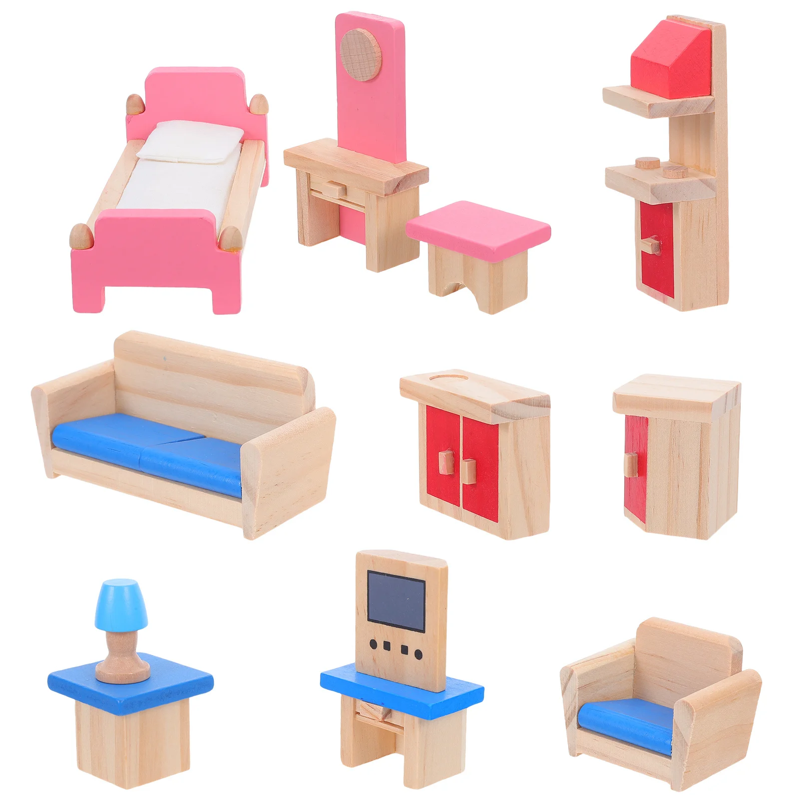 مجموعة واحدة من أثاث بيت الدمى الخشبي، محاكاة واقعية، لعب التظاهر للأطفال، لعب الأدوار، غرفة المعيشة الصغيرة، ديكور المطبخ