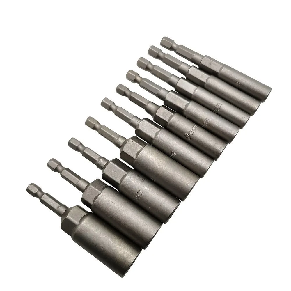 T50 15Pcs / 10Pcs 80mm Length Deepen Power Nut Driver Drill Bit Set 5.5-19MM Impact Socket Adapter For Power Tools 6.35MM Hex