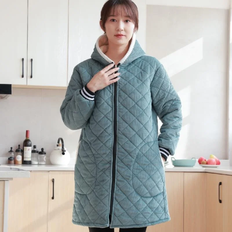 

Thickened Cotton Apron for Adults with Fleece Warm Mid-Length Workwear for Women plus Size Winter Outerwear Korean Style