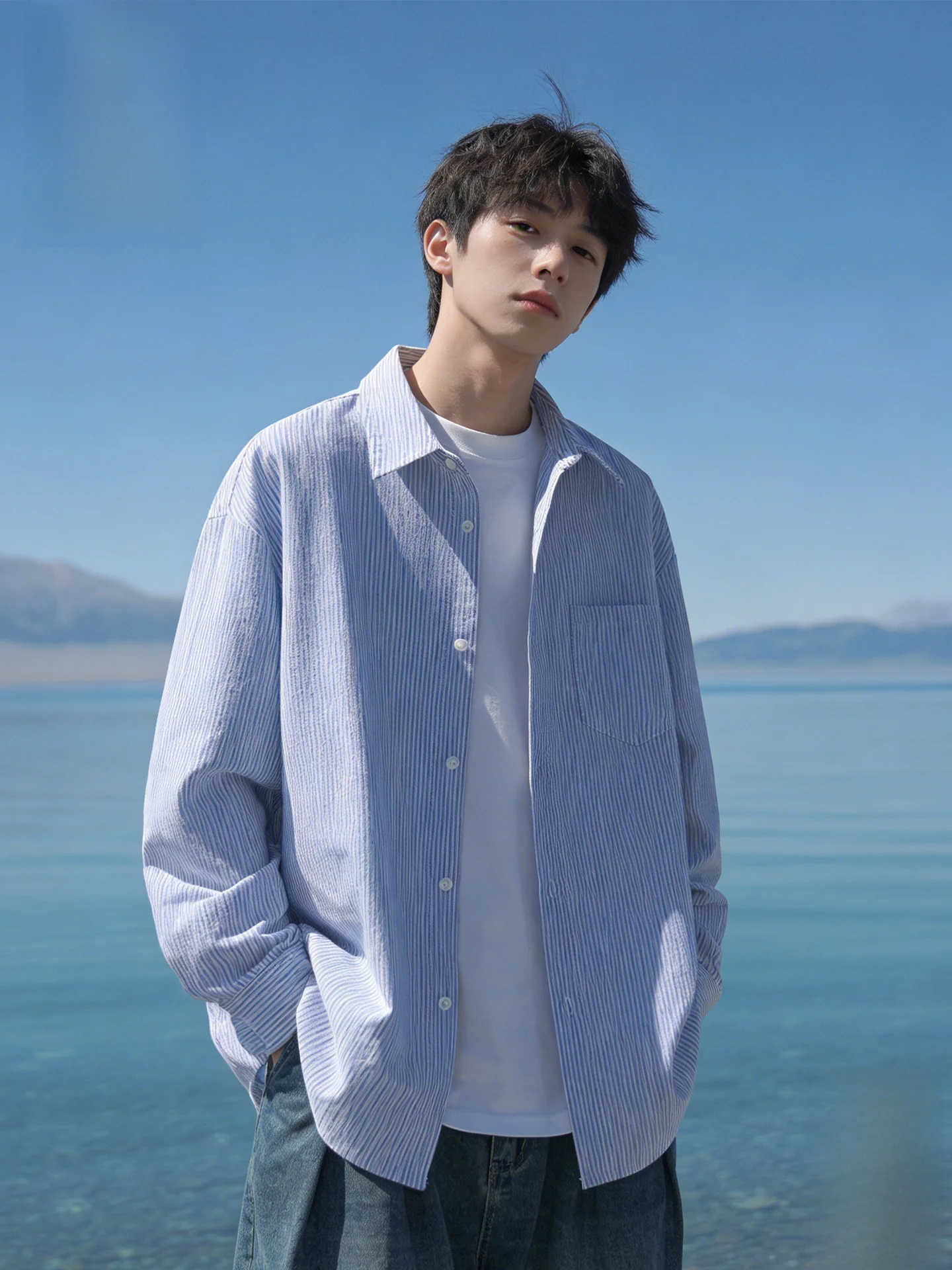 

Мужская повседневная рубашка Large Mouth Monkey Japanese Cityboy с сине-белыми полосками, весенняя верхняя одежда из хлопковой ткани Оксфорд