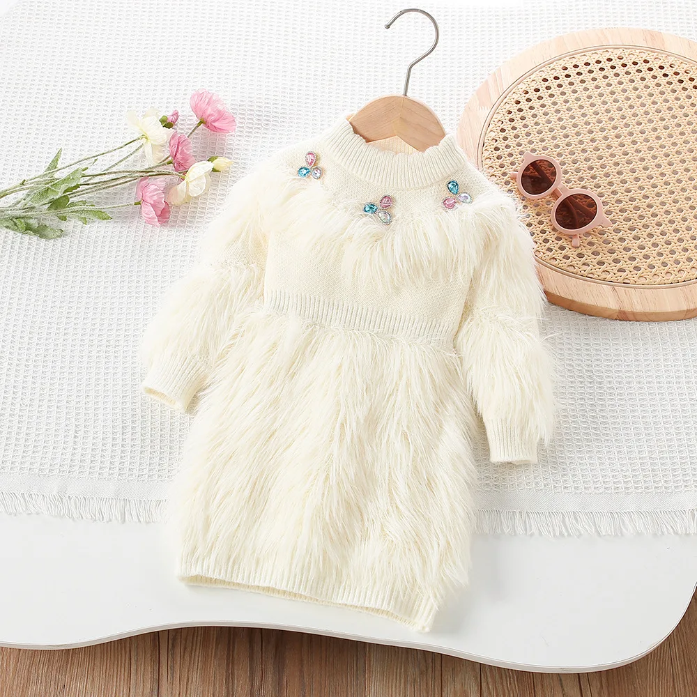 Autumn Winter Girl Dress Knit Baby Toddler Girls Clothes Sweater Fur Dress Elegant Fashion Kids Children Outfit Knitted Boutique