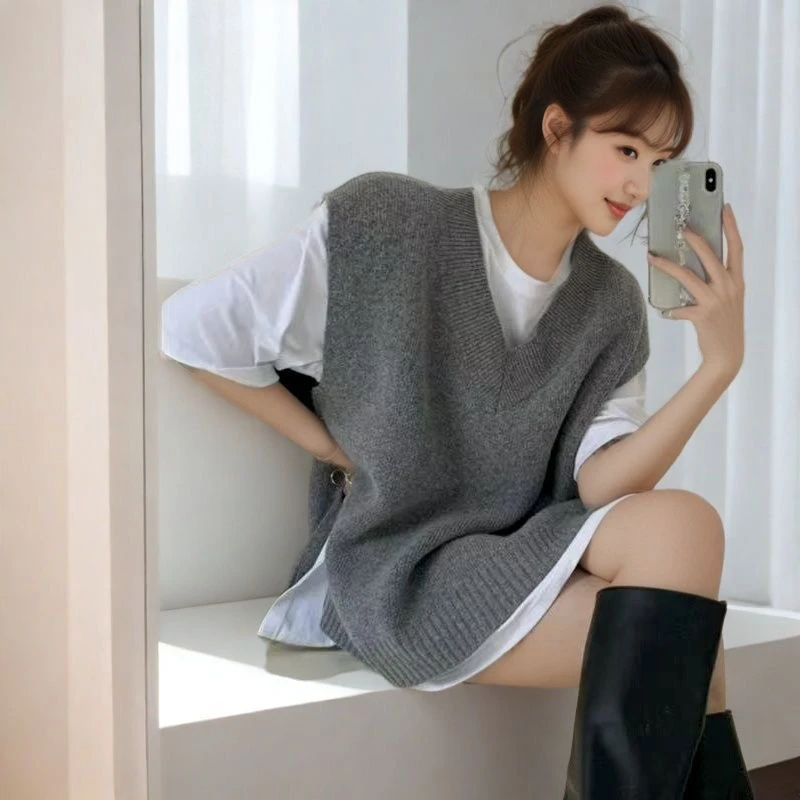 ルーズブラ Vネック ニットセーターベスト 韓国風 スリムトップ レディース アウター 秋 レイヤード オルト イルト