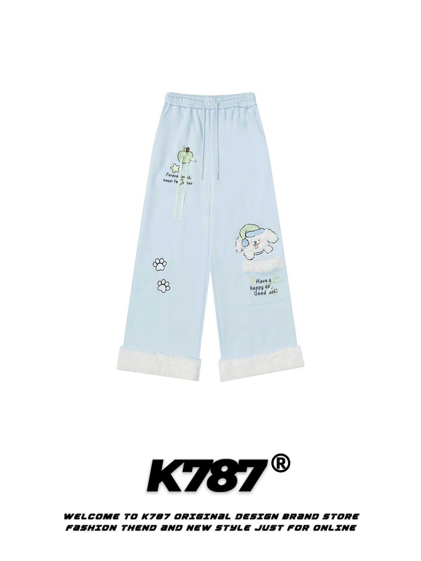 

K787 American Casual Adorable Little Dog Anti-Aging Wide Leg Pants Women Loose Cuffed High Waist Dstring Straight Leg Long...