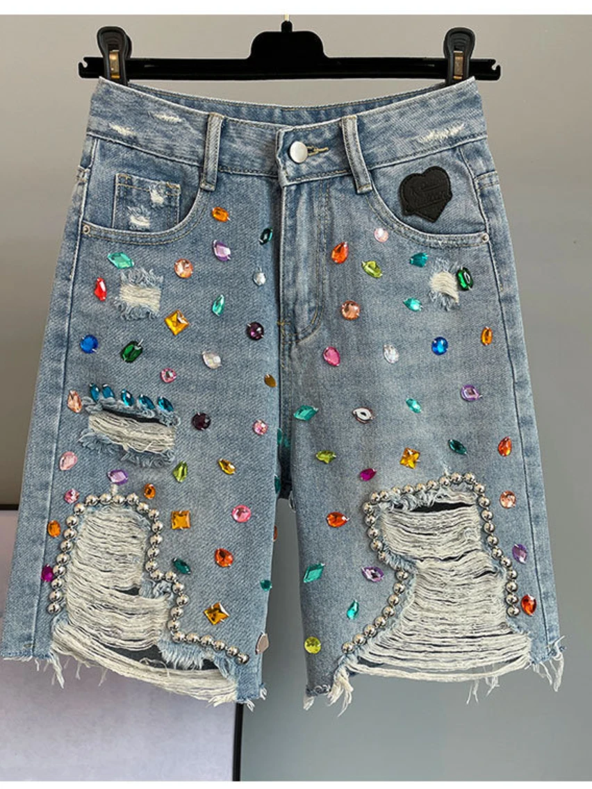 Street Rhinestone Beaded High Waist Denim Shorts Women Summer New Slim Fit All-Match Ripped Short Jeans Student Tassel Hot Pants