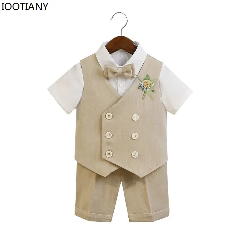 2024 Children\'s Summer Vest Suits Set Korean Boys Waistcost Shorts Bowtie Flower Costumes Baby Kids Wedding Birthday Party Dress