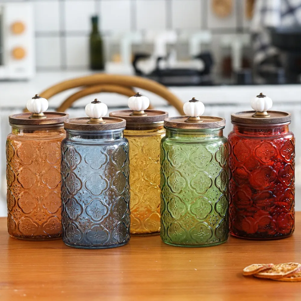 1000ml Relief Begonia Blumen Glasdose mit Holzdeckel Haushalt Küche Aufbewahrung für Getreide Süßigkeiten Trockenfrüchte