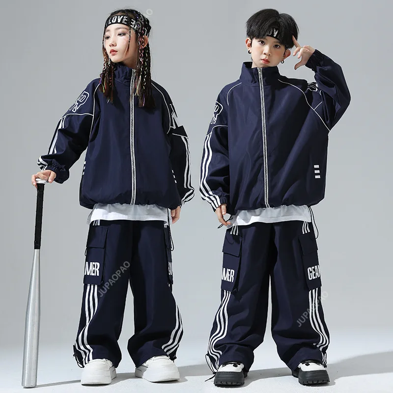 Hip Hop Girls Hooded Bomber Jacket Cargo Sport Pants Boys Street Dance Coat Streetwear Kids Jazz Outfits Children School Uniform