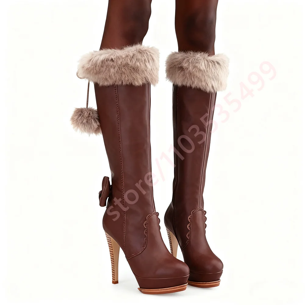 

Platform Winter Plush Pom-Pom Bow Long Boots 2025 New Round Model Runway Stiletto Stage Boot Fashion Women's Party Casual Boots