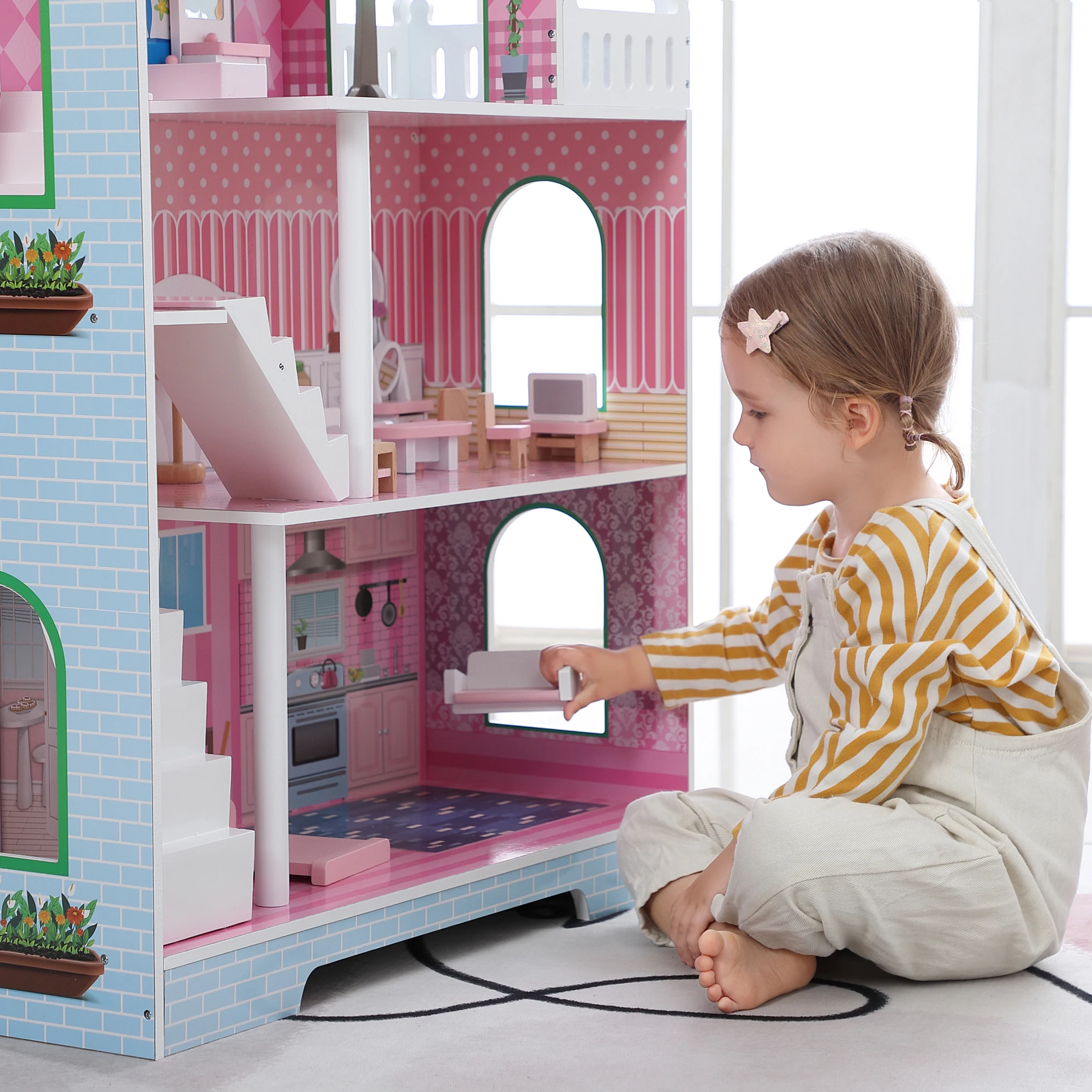 WODENY Wooden Dolls House with 11pcs Furniture & Staircase Accessories, 3-Storey Large Dollhouse Playset for Girls Kids