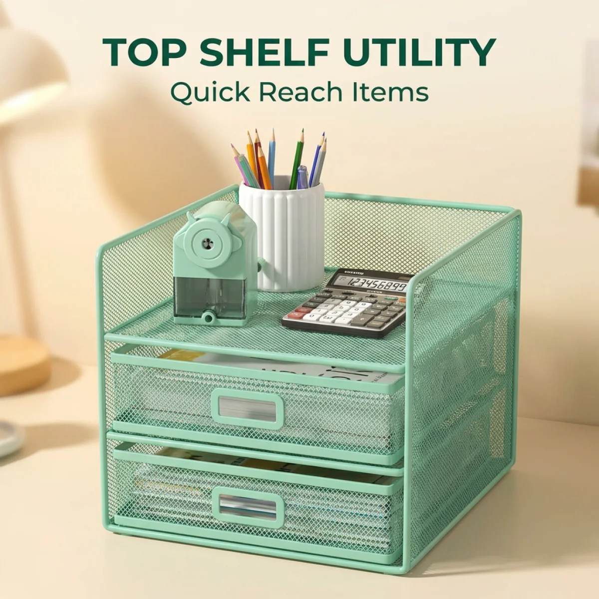 Green Metal Mesh Desk Organizer, File Rack with Drawer, Space Saving Document Tray for Office School