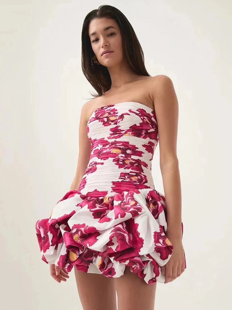 فستان قصير مثير بدون حمالات مطبوع وكشكشة قابلة للطي للنساء بدون أكمام بخصر عالٍ فساتين على شكل حرف a للحفلات المسائية والكوكتيل #2