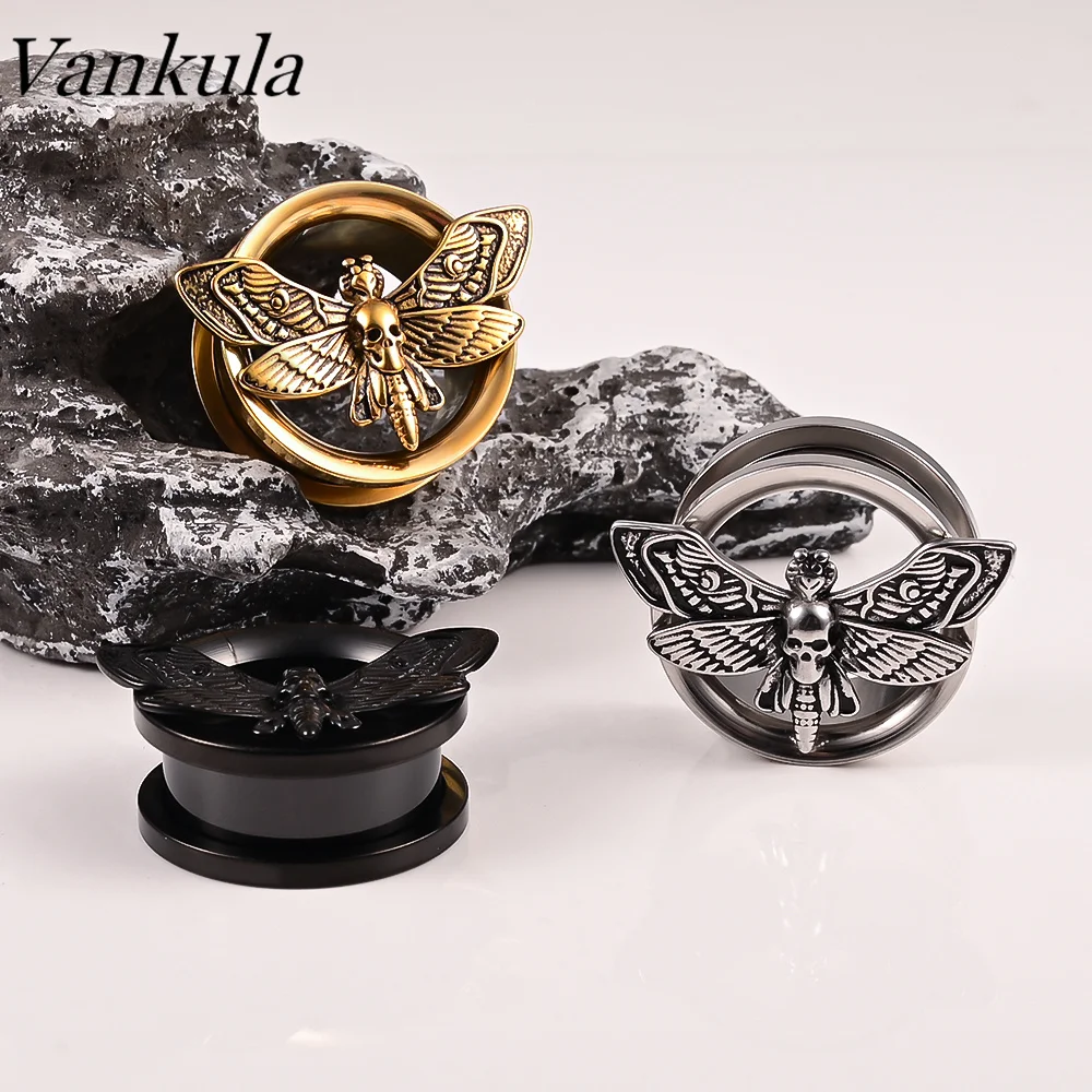 Vankula 2PCS Stainless Steel Ear Gauges Plugs Death Moth Teardrop Double Flared Tunnels Plugs Stretcher Plugs Piercing Jewelry