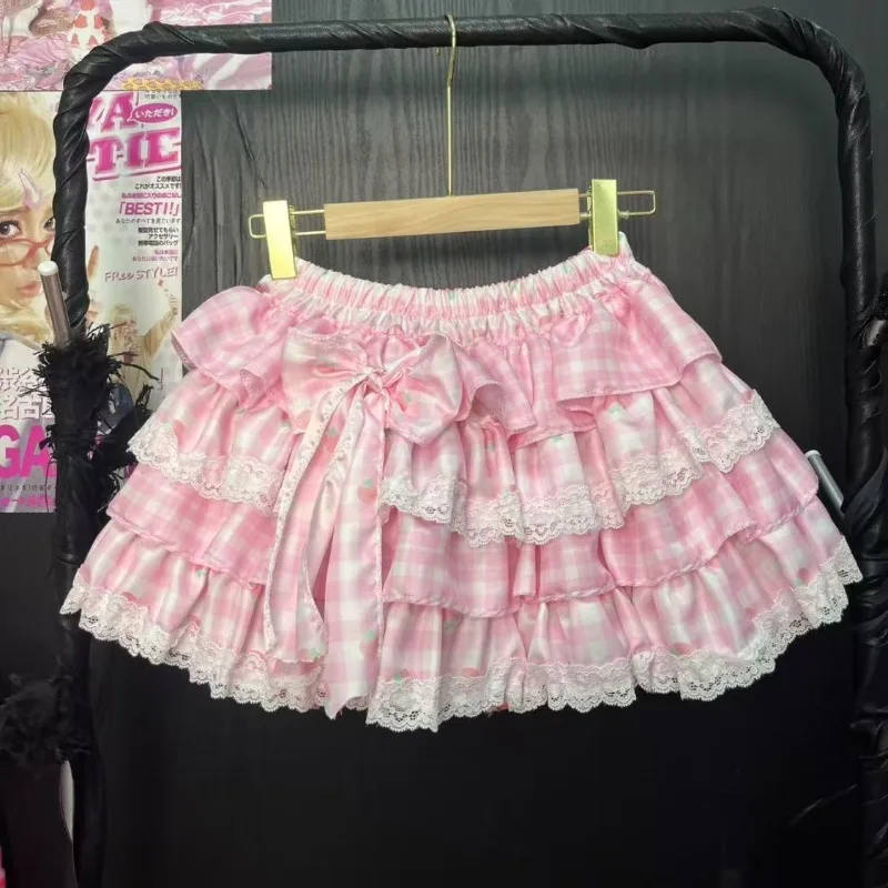 

Sweet Cute Pink Fashionpreppy Style Girl Skirts Y2k Aesthetic Spliced Lace Stretch Waist Kawaii Jupe Summer All Match Cake Skirt