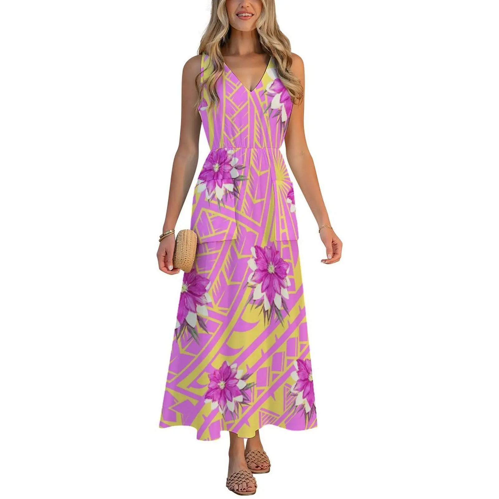 Summer Beach Sexy Slim-Fitting Dress Polynesian-Style Printed Beach Dress Customizable Pattern Dress