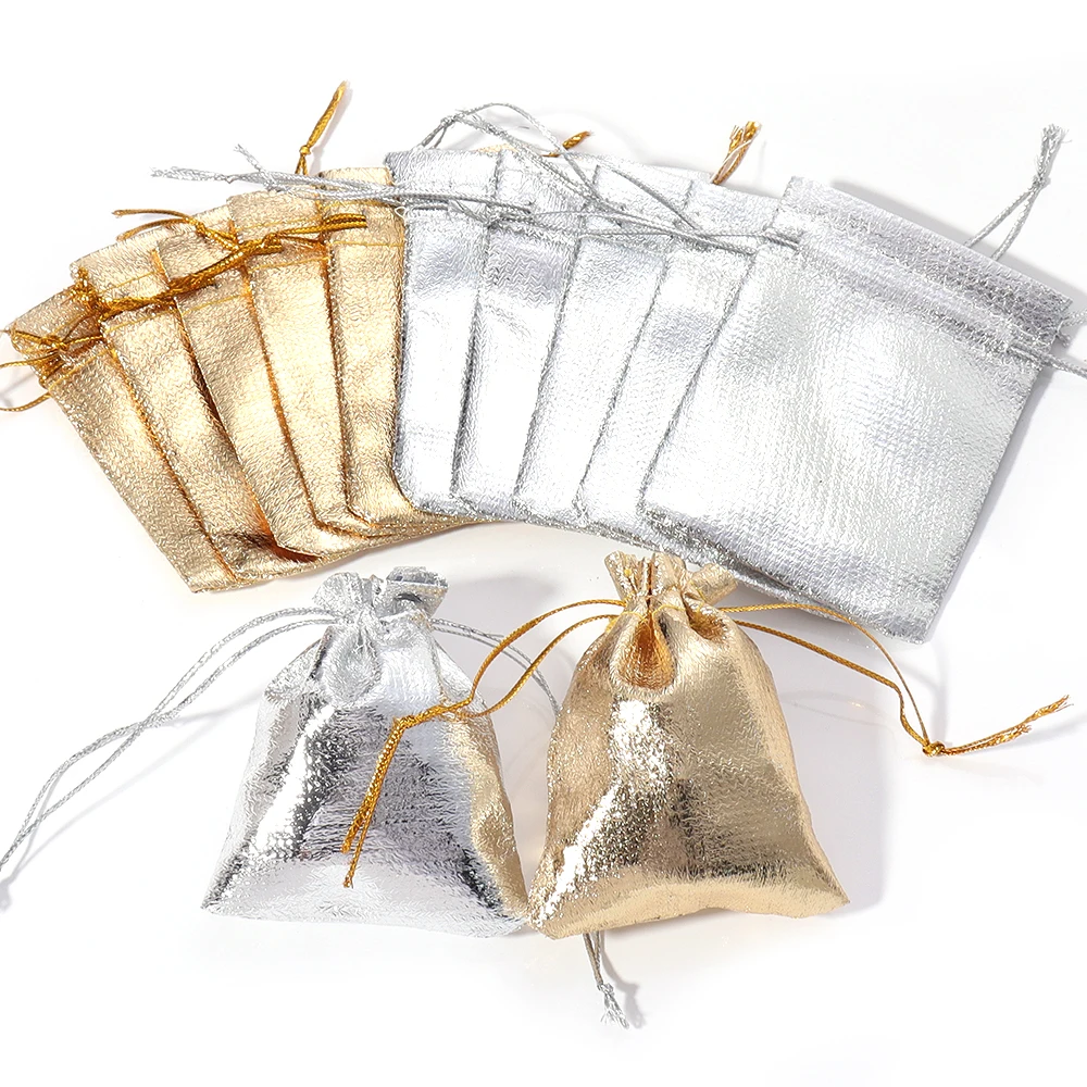 5-10Pcs/Lot Gift Bag Gold Silver Color Foil Ornament Packing Bag Drawstring Pouches Christmas Party Wedding Gift Candy Bags