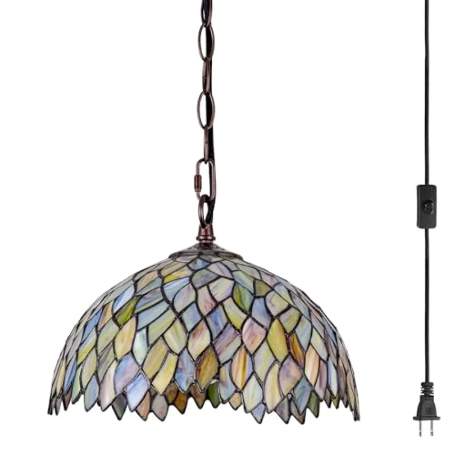 

Tiffany Style Stained Glass Pendant Light for Living Dining Room Bedroom Kitchen Home Office, Green Glass, Wisteria Design, 12