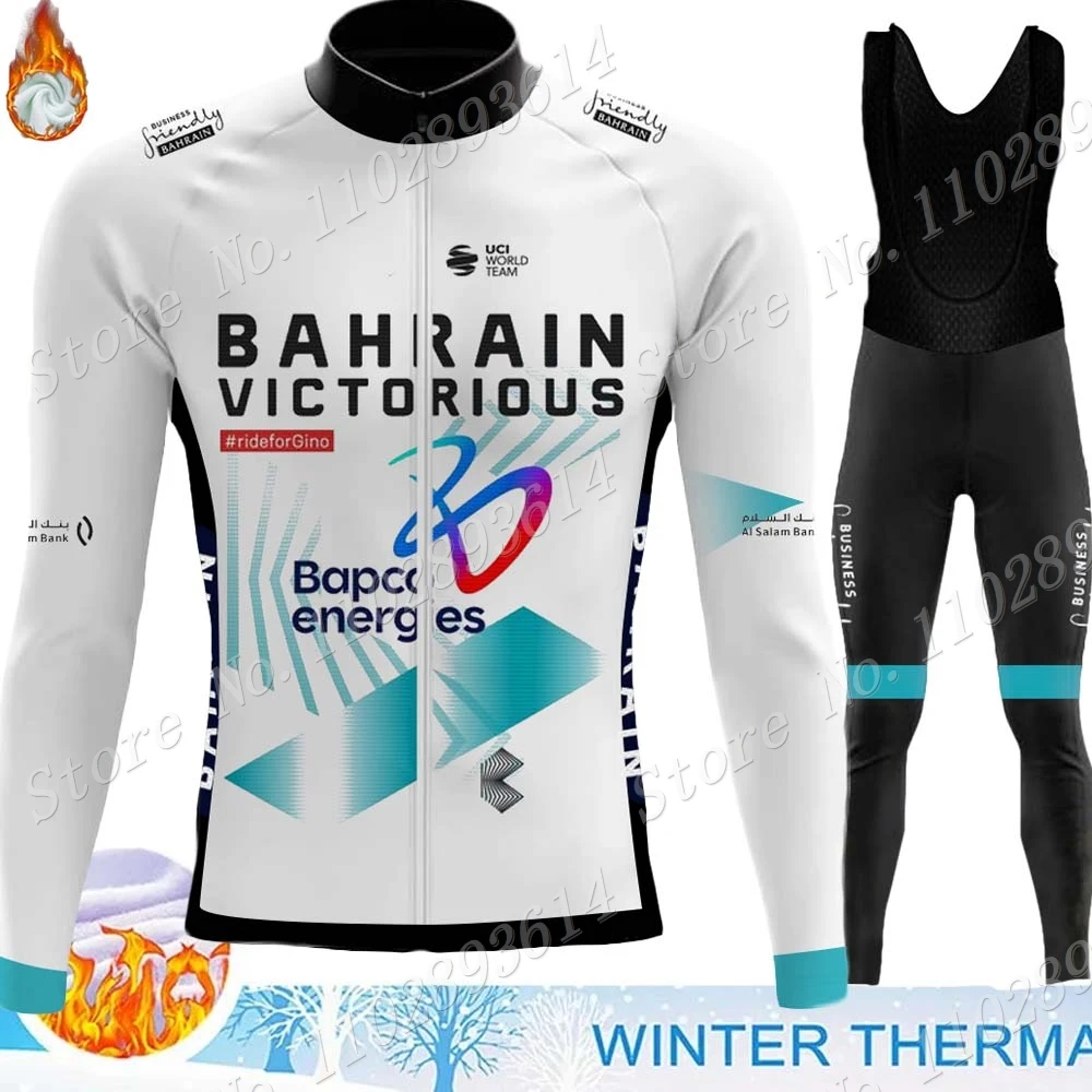 Winter Bahrain Victorious 2024 Team Cycling Jersey Set Long Sleeve Thermal Fleece Clothing Road Race Bike Jacket Suit MTB Ropa