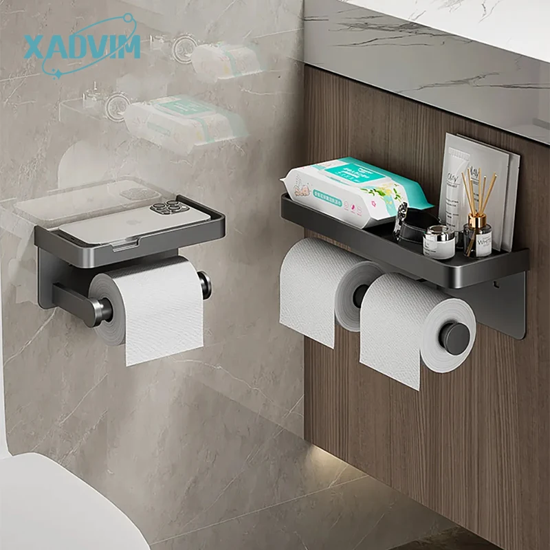 

No-Drill Aluminum Alloy Toilet Paper Holder with Storage Tray Wall-Mounted WC Roll Paper Holder Phone Shelf Bathroom Accessories