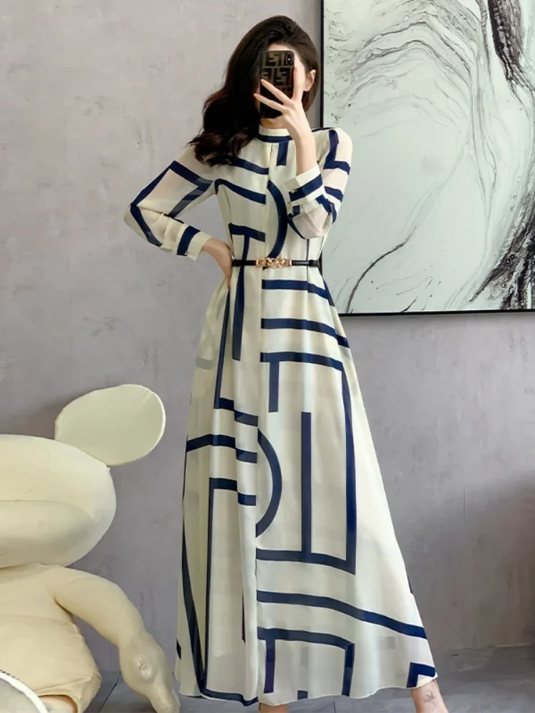 

Spring Summer French Geometric Chiffon Dresses for Women Holiday Long Sleeve Belt Beach Print Robe Clothing Maxi Vestidos