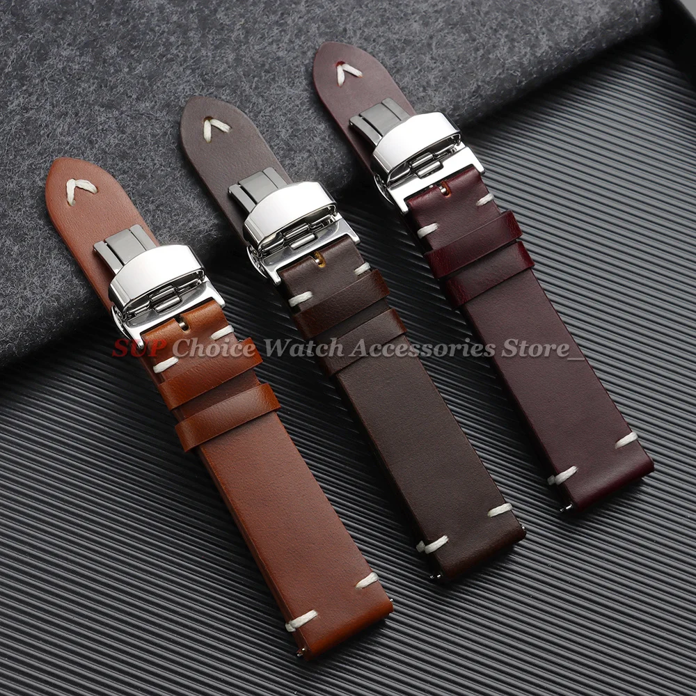 Vintage Ölwachs-Leder Uhrenarmband mit Schmetterlingsverschluss Genähtes Rindslederband 18mm 20mm 22mm Armband für Seiko für Omega Uhrenarmband – Detail 12