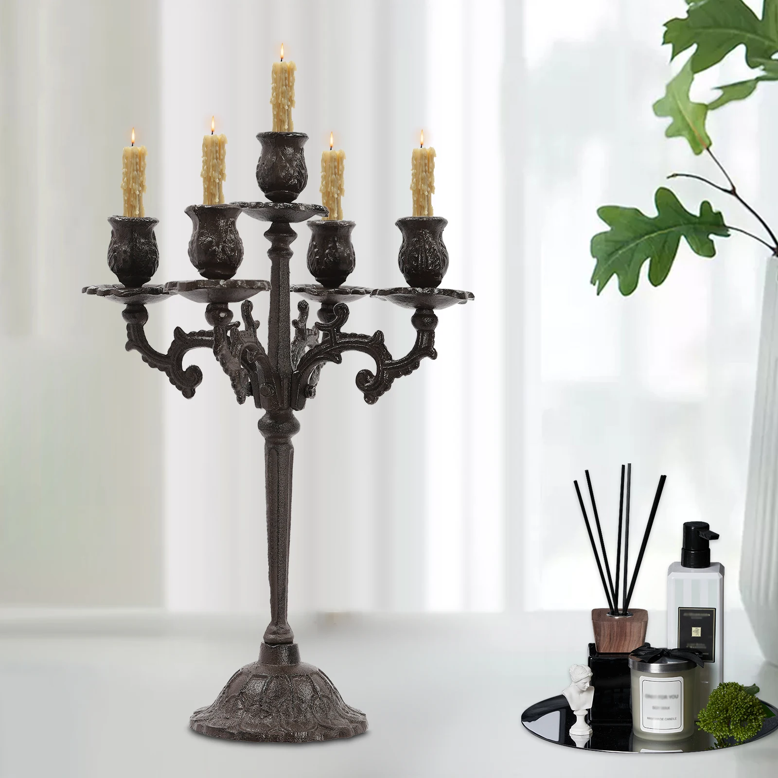 5-Arm Vintage Candle Holder Tabletop Candle Stand Cast Iron Candlestick Holders