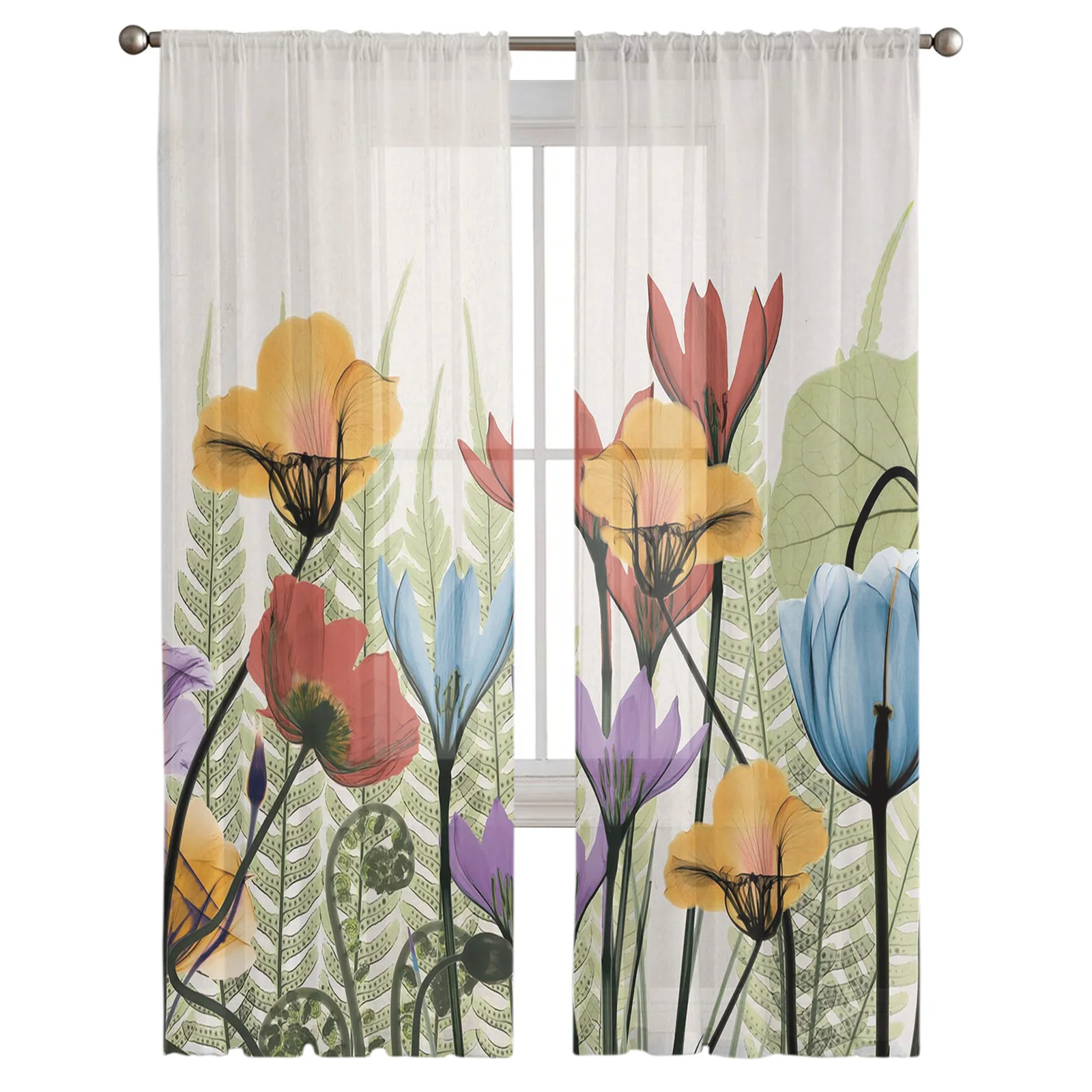 Flowers Bright Colors Hand Painted Sheer Curtains for Living Room Modern Voile Curtain Bedroom Tulle Curtains Window Drapes