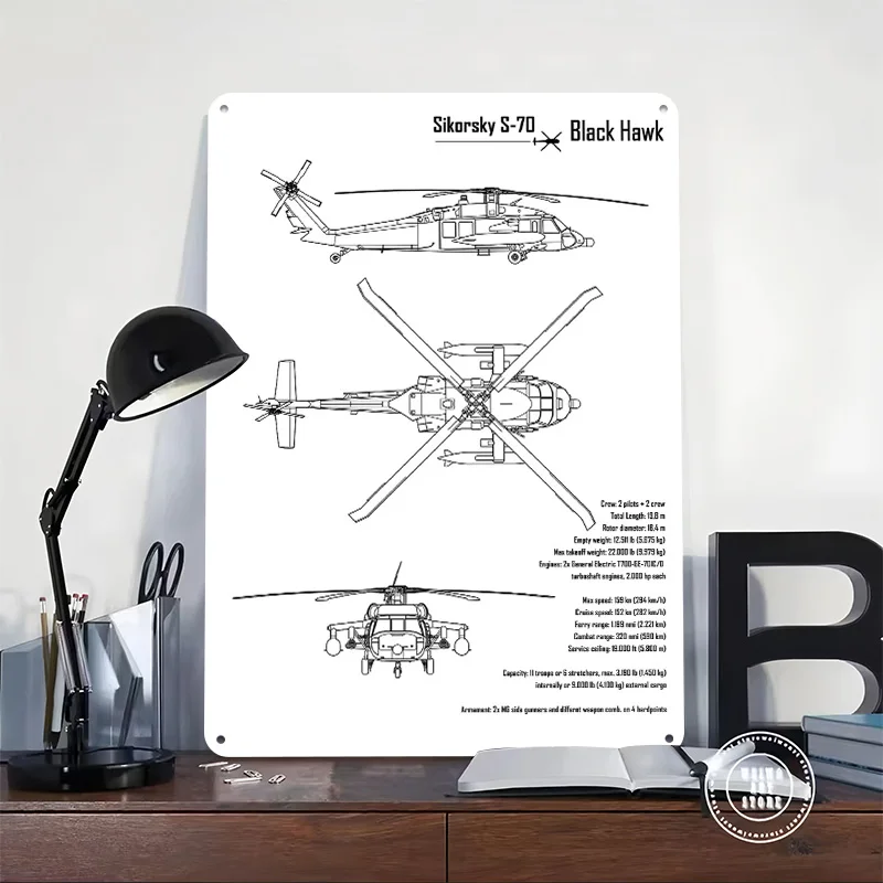 Black Hawk Blueprint Tinplate Poster Custom Wall Art Vintage Metal Signs Retro Tin Plaque for Decoration Home Decor Accessories