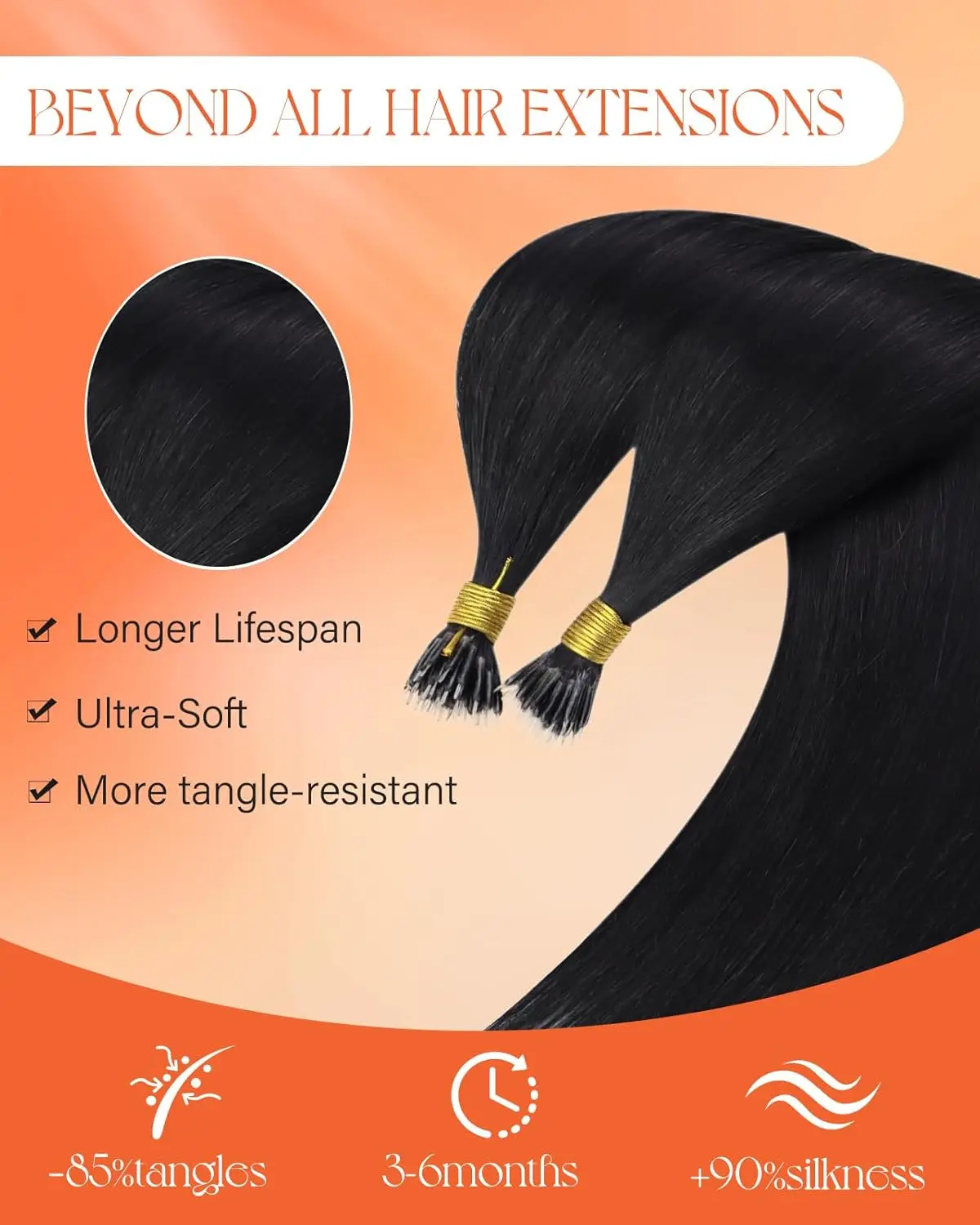 VeSunny حلقة نانو وصلات شعر شعر بشري أسود نانو ملحقات شعر بشري حقيقي طويل الأمد 50 جرام شعر ريمي مستقيم حريري