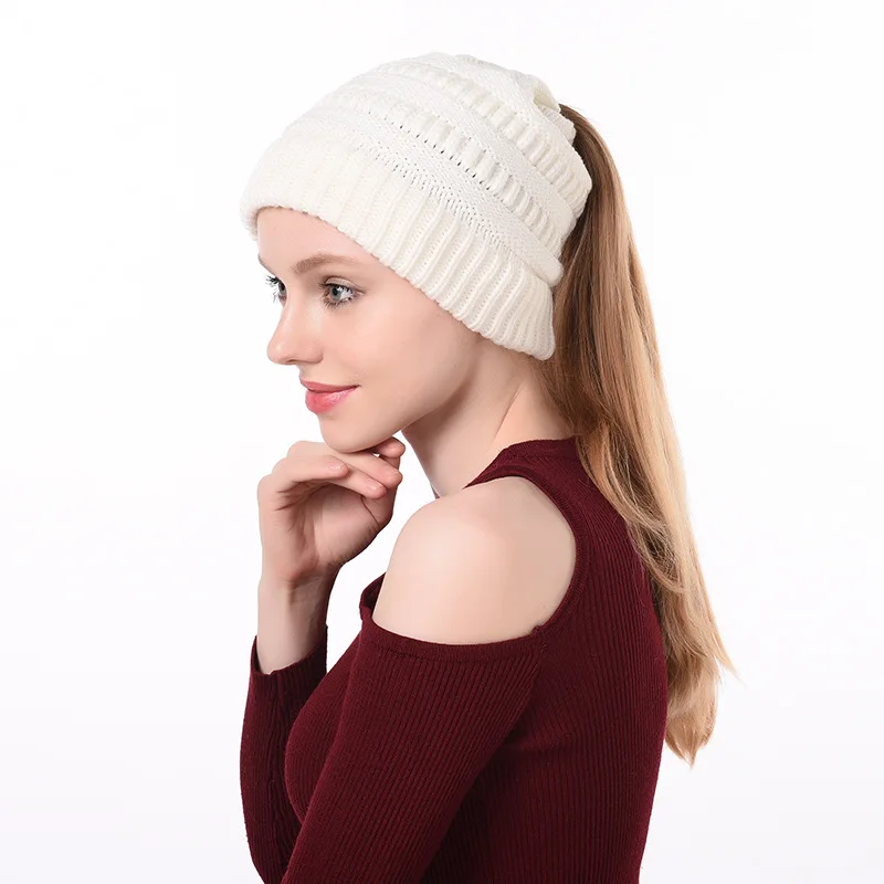 Women Ponytail Beanie Hat Twist Cable Knitted Messy Bun Hole Winter Warm Skull Cap Stretch High Ponytail Knit Beanie For Ladies