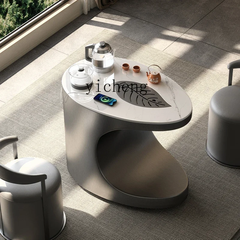 

rock slab tea table light luxury minimalist tea table and chair combination balcony movable small tea cart USB charging