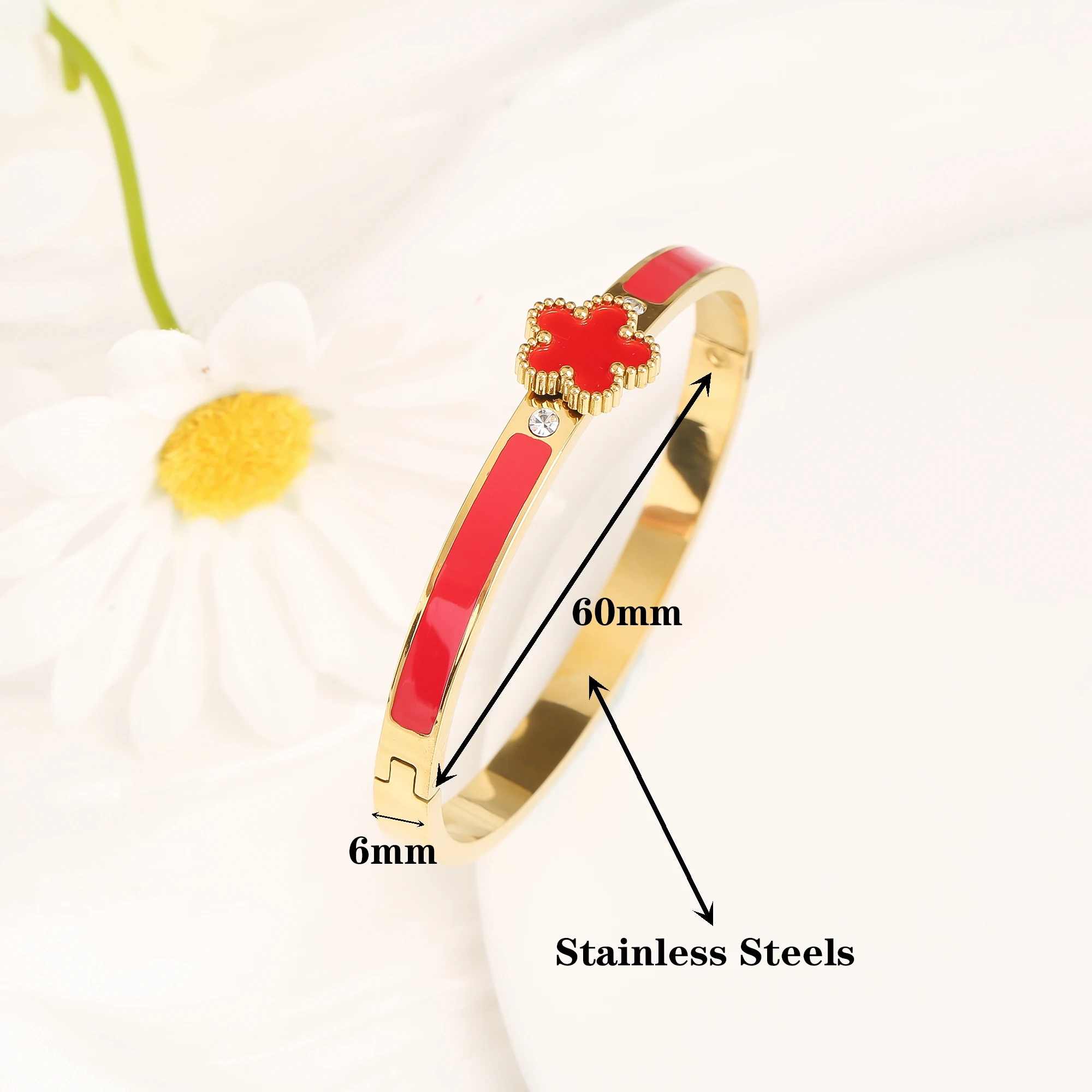 Luxury Five Leaf Flower Open Bangle, Classic Enamel Design
